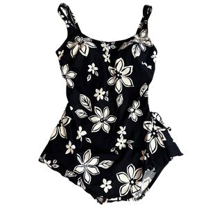 Vintage Maxine of Hollywood Black & White Floral One-Piece Swimsuit Size 12